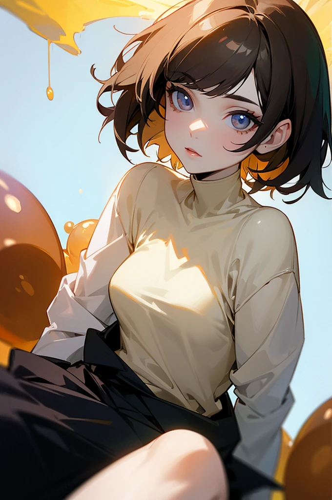 Woman with honey-colored eyes, pale skin, short black hair