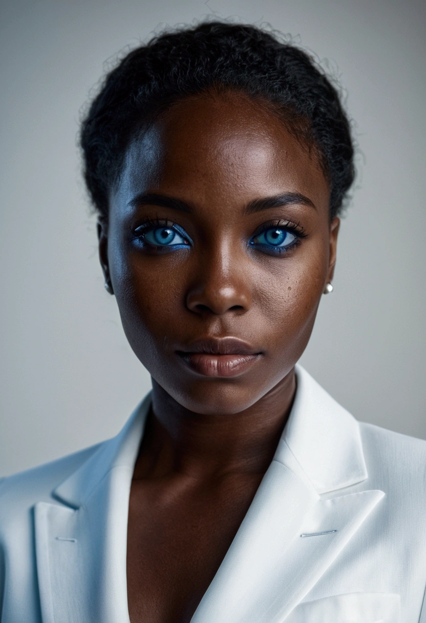 raw photo, a portrait photo of a black woman, one of (very detailed skin:1.2), 8k hd, DSLR, Soft lighting, high quality, film grain, Fujifilm XT3, White suit, ((blue eye))