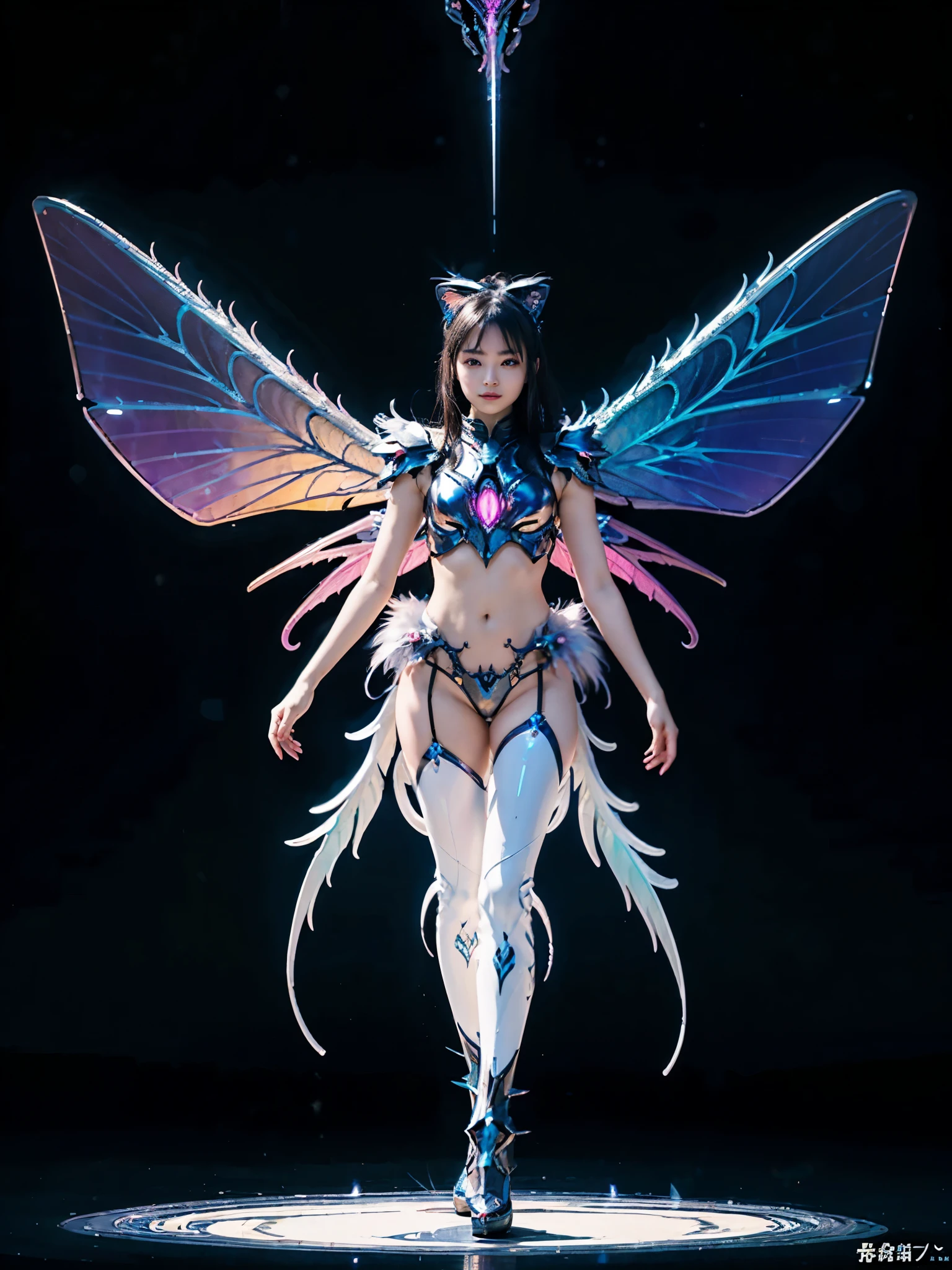 1girl, Armor, Wings, beautiful dragon, futuristic evolved Nekomata, (Neon glowing body), 2 tails, holographic, (The wings are symmetrically paired;1.5), Tricolor color body

