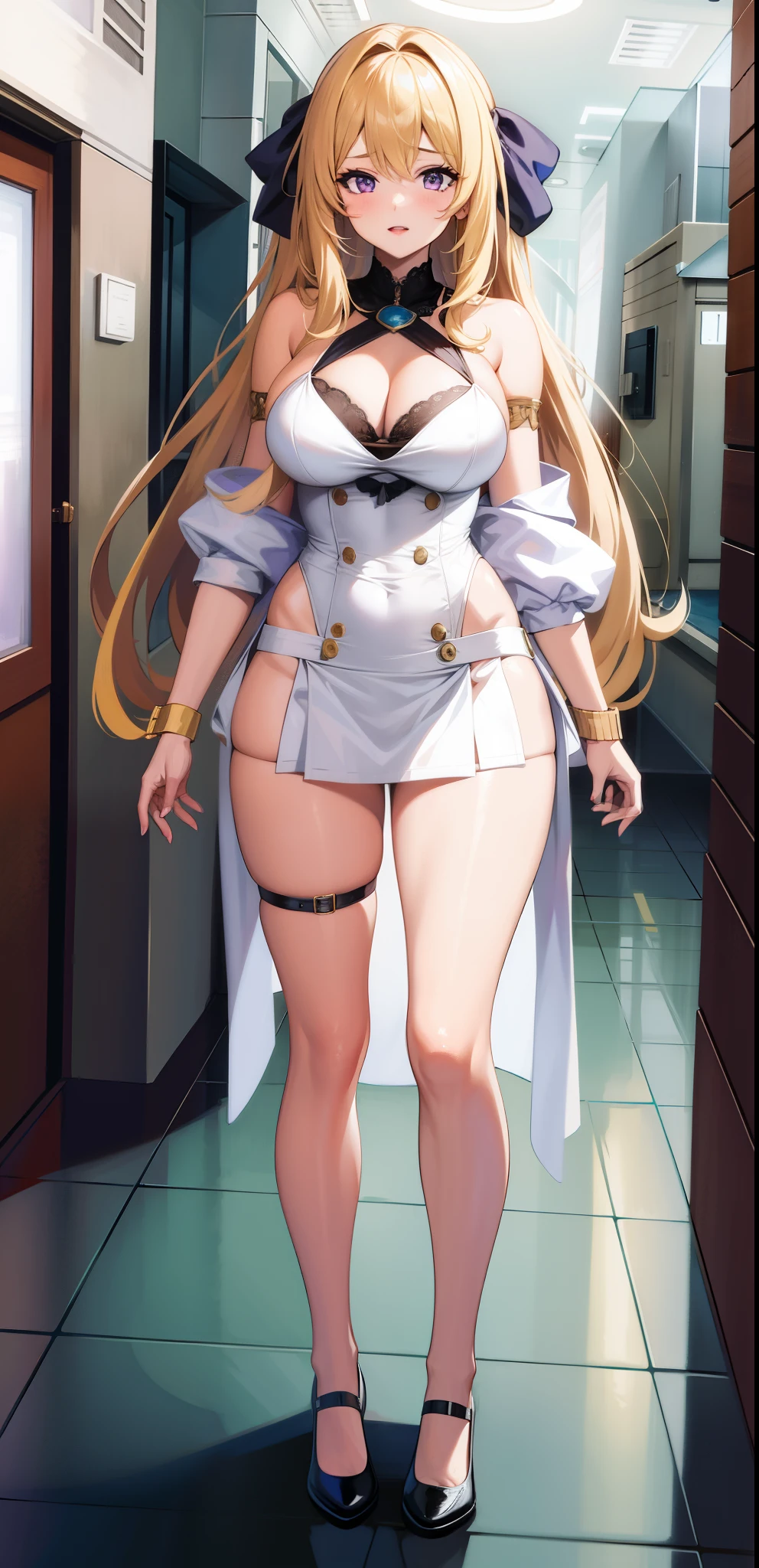girl，Large Breasts，long hair，Topless，Bow，Blonde Hair, Purple Eyes, Cleavage，Large Breasts,whole body，NUDE