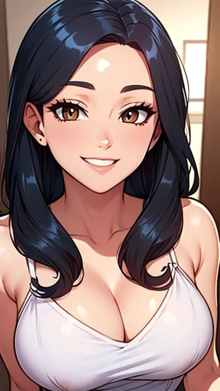 8K, high quality, animation, married woman, fair complexion, beautiful woman, small face, neat, bright, emphasis on eyes, sexy, super big tits, beautiful line drawing. Black hair, white skin, brown eyes, smiling, breast up, ((big tits)), black dress,
