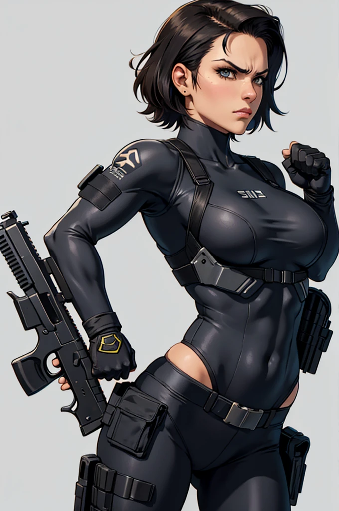 Metal Gear girl latina skin,  short  hair, with holster, black clothes, tactical holster, and holding a gunner, angry