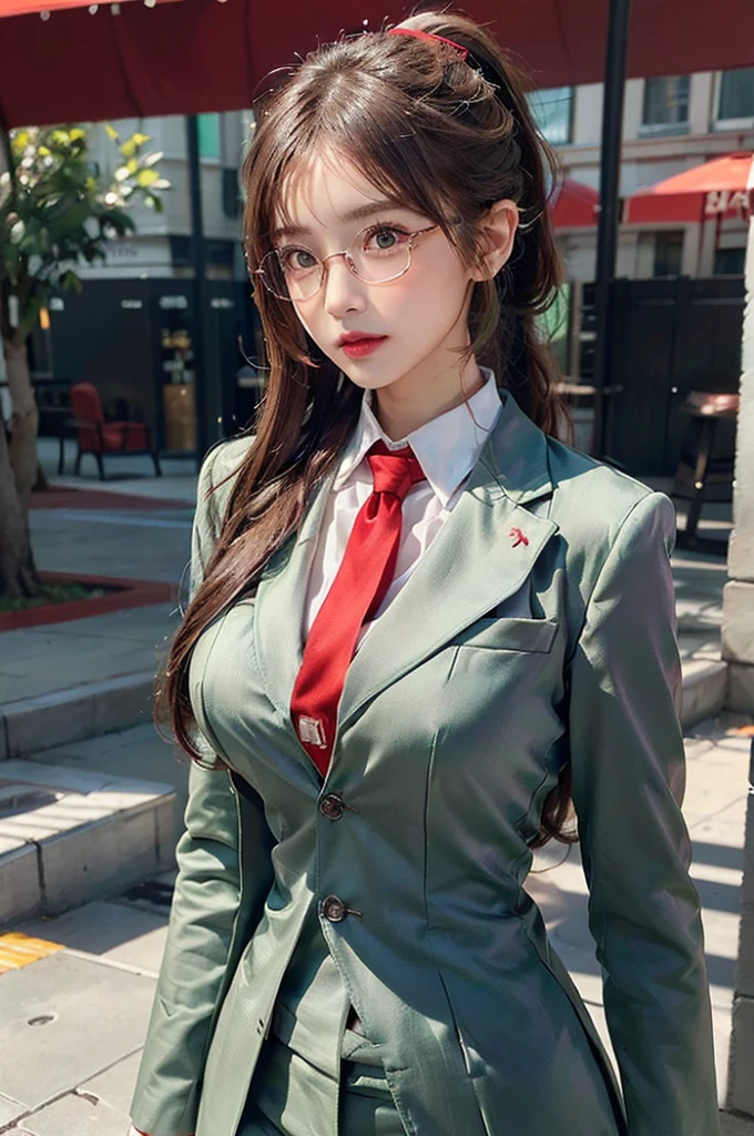 full body photo, A detailed face, Clear face, Beautiful Girl, (Looking here), cool beuty, perfection female form, perfection face, Glossy pink lips, Expressive eyes, eye shadow, eyeliner, light brown colored hair, ((ponytail:1.2)), ((silky long hair)), (Glasses:1.3), ((very thin waist)), ((Big breasts about to burst:1.3)), (Sexy look:1.4), ((Attractive eyes)), ((sharp eyes)), ((slim body)), ((High-precision shades)), ((Attractive colors)), (((light green three-piece suit with a red tie))),(((light green three-piece suit with a red tie))), (((Men's three-piece suit))), masterpiece, anatomically correct, textured skin, high details, high quality  loidforger, 