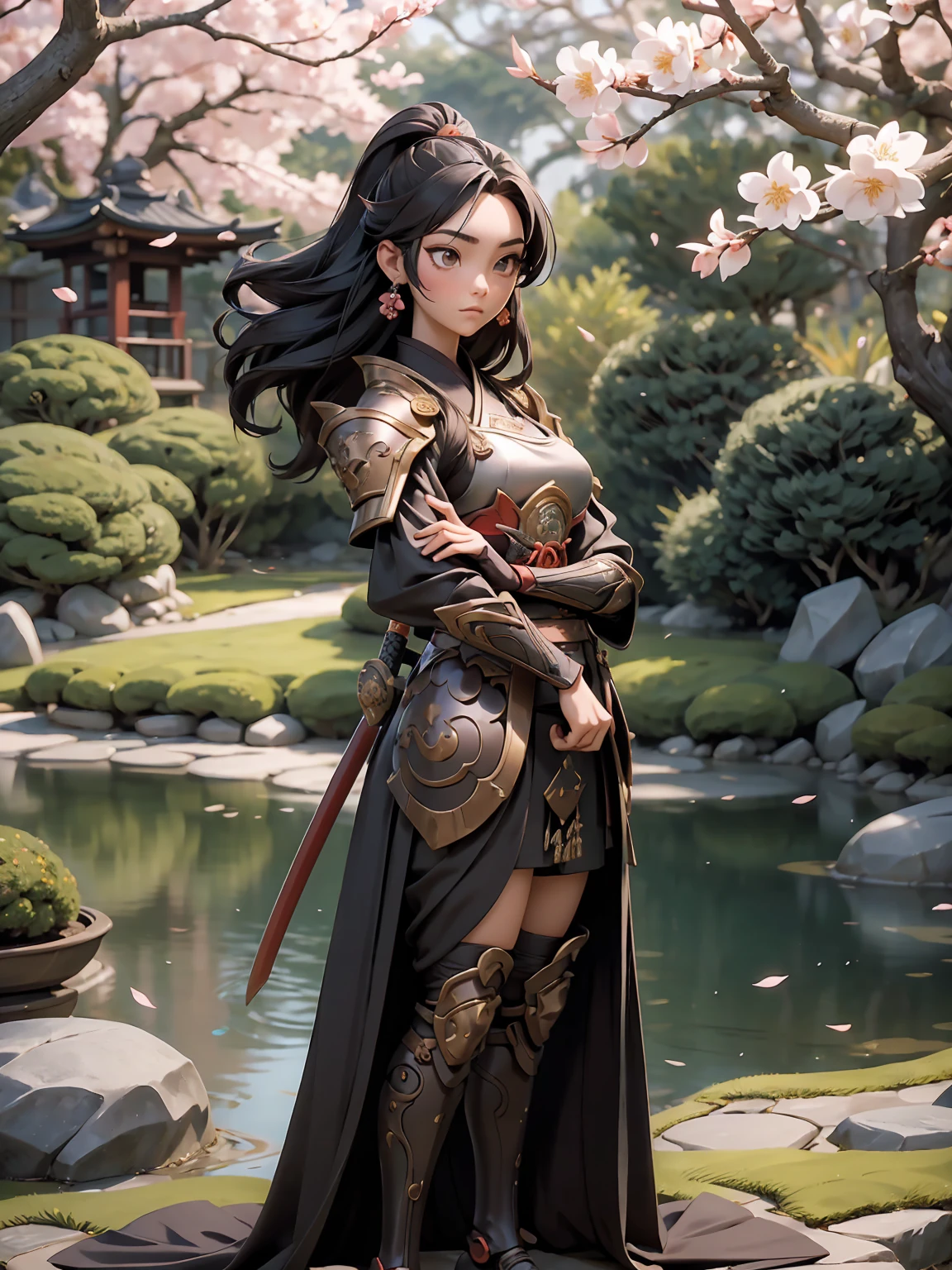 A stunning artwork of an honorable female samurai standing in a serene Japanese garden. The full-body view showcases her in traditional red and black armor, exuding an aura of disciplined strength and noble honor. Her long, flowing black hair frames a face of refined beauty, highlighted by calm brown eyes that radiate wisdom and inner peace. She holds a katana, intricately designed and glowing with precise energy, adding to her dignified presence. The scenery around her is a tranquil Japanese garden with cherry blossom trees and a gently flowing stream. Soft sunlight filtering through the blossoms and stone lanterns enhance the peaceful atmosphere, creating a scene of serene grace.