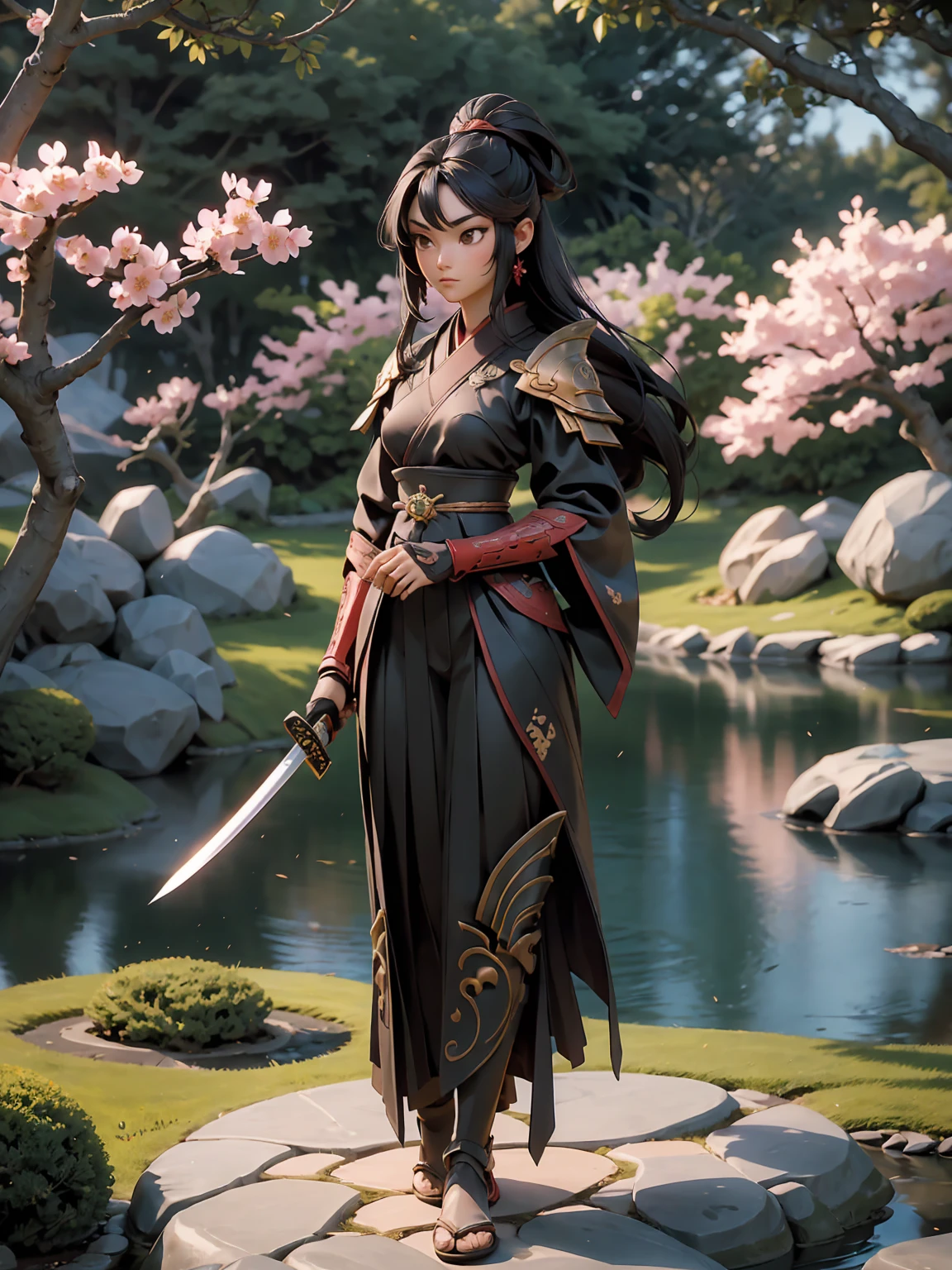 A stunning artwork of an honorable female samurai standing in a serene Japanese garden. The full-body view showcases her in traditional red and black armor, exuding an aura of disciplined strength and noble honor. Her long, flowing black hair frames a face of refined beauty, highlighted by calm brown eyes that radiate wisdom and inner peace. She holds a katana, intricately designed and glowing with precise energy, adding to her dignified presence. The scenery around her is a tranquil Japanese garden with cherry blossom trees and a gently flowing stream. Soft sunlight filtering through the blossoms and stone lanterns enhance the peaceful atmosphere, creating a scene of serene grace.