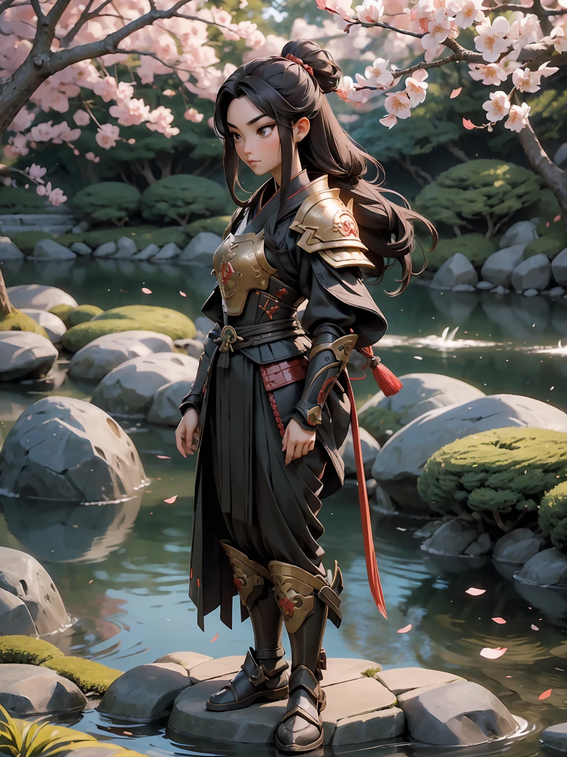 A stunning artwork of an honorable female samurai standing in a serene Japanese garden. The full-body view showcases her in traditional red and black armor, exuding an aura of disciplined strength and noble honor. Her long, flowing black hair frames a face of refined beauty, highlighted by calm brown eyes that radiate wisdom and inner peace. She holds a katana, intricately designed and glowing with precise energy, adding to her dignified presence. The scenery around her is a tranquil Japanese garden with cherry blossom trees and a gently flowing stream. Soft sunlight filtering through the blossoms and stone lanterns enhance the peaceful atmosphere, creating a scene of serene grace.