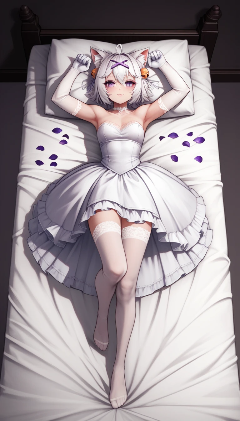 UHD, masterpiece, best quality, midnight, artificial lighting, soft light, diffuse light, shade, messy bed, lying on bed, 1girl, solo, Filian, fox tail, cat ears, white hair, short hair, ahoge, hairclip, hair bell, big round eyes, deep purple eyes, ((dark purple eyes)), blush, seductive smile, a-line wedding dress, white lace arm sleeve, white gloves, white lace stockings, slim arms, slim legs, Eye-Level Shot, holding bridal bouquet with purple ribbon , ((hidden hand)), front light, no shadow, full body pose, innocent pose, front view, scattered petals