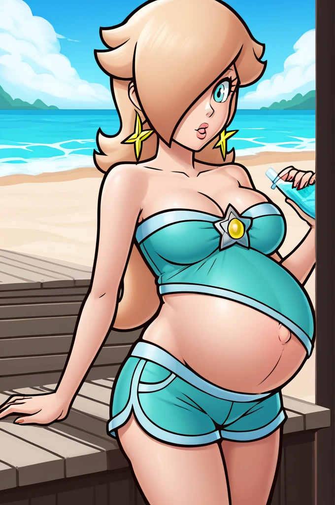 score_9, score_8_up, 1girl, solo, rosalina, style parody, thick outlines, blue bikini, shorts, pregnant belly, sleeveless, strapless, cleavage, indoors, beach,