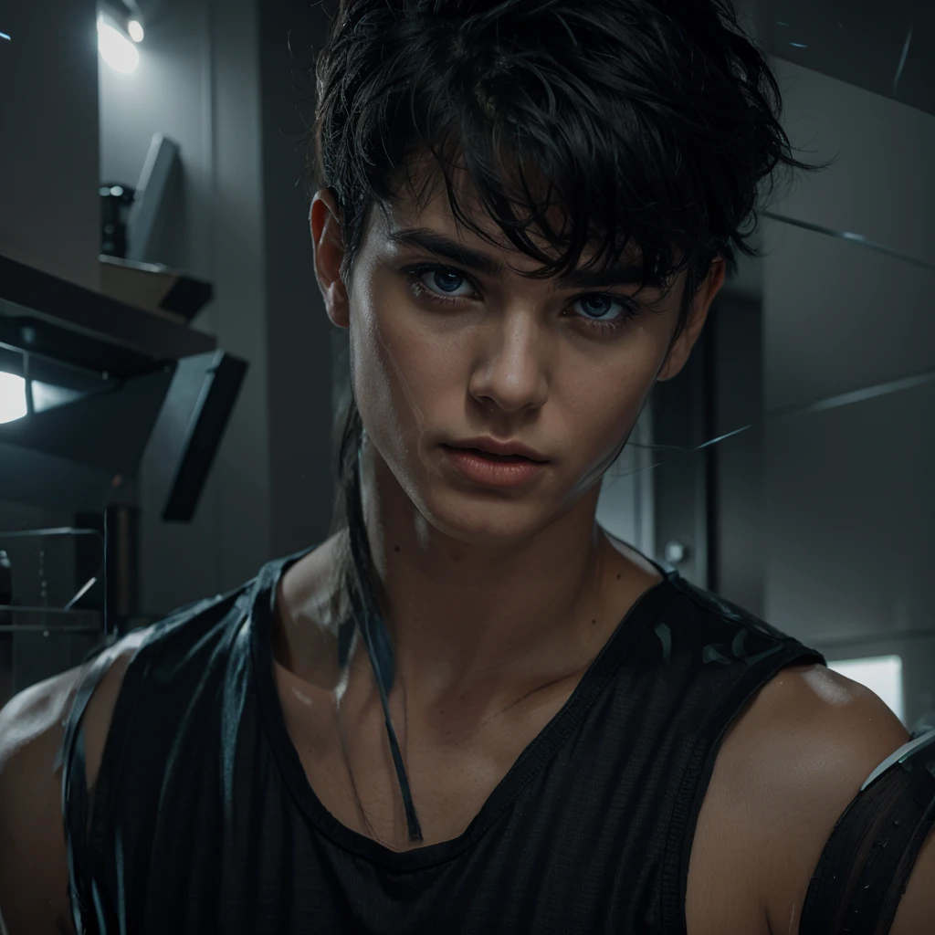 a serious young man with black hair, electric blue eyes, striking gaze, fair skin, wearing a sleeveless black shirt, abstract background with warm and gray tones, (best quality, 4k, 8k, highres, masterpiece:1.2), ultra-detailed, (realistic, photorealistic, photo-realistic:1.37), chiaroscuro lighting, dramatic contrast, cinematic composition, moodylighting, moody atmosphere