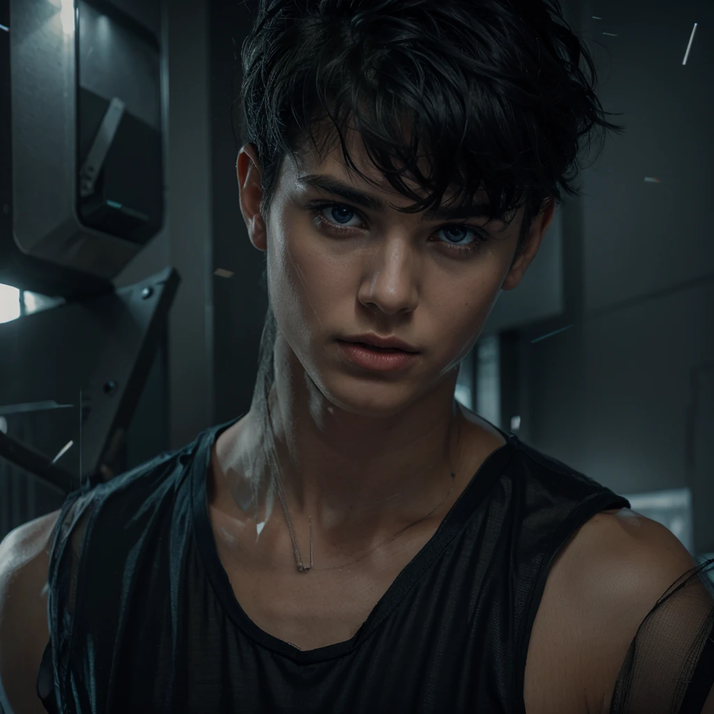 a serious young man with black hair, electric blue eyes, striking gaze, fair skin, wearing a sleeveless black shirt, abstract background with warm and gray tones, (best quality, 4k, 8k, highres, masterpiece:1.2), ultra-detailed, (realistic, photorealistic, photo-realistic:1.37), chiaroscuro lighting, dramatic contrast, cinematic composition, moodylighting, moody atmosphere