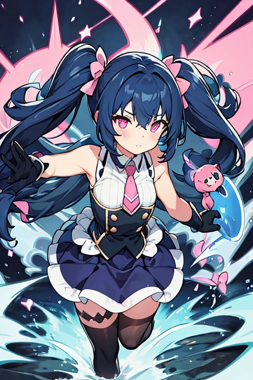 women, hair in two pigtails covering her dark blue face, white sleeveless shirt, pink tie, black gloves, blue skirt, long black stockings
