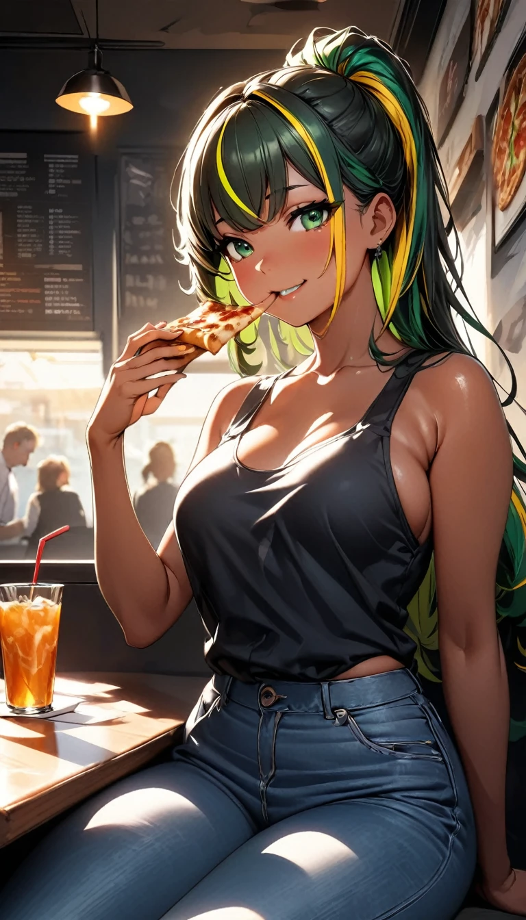 (highest quality:1.2, Very detailed, up to date, Vibrant, Ultra-high resolution, High Contrast, masterpiece:1.2, highest quality, Best aesthetics), Portraiture、solo, girl、(slim:1), (25-years-old), tank top, jeans pants, eating pizza, (Sitting at a table in a pizza restaurant), Bright colors、Beautiful fine details、Beautiful lip detail、long hair、ponytail, white and yellow green ((streaked hair:1.6)), highlights hair: 1.5, (medium breast:1) , (tan skin:0.9), smile, (uper body:1)