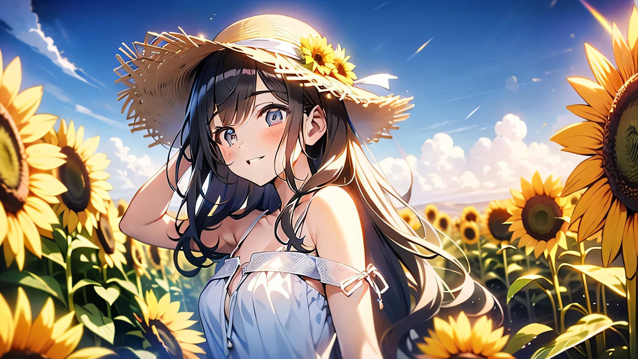 And 8K、Highest quality、masterpiece、Ultra-detailed、Ultra-high resolution、Anime Style、1 female、Midsummer、White Dress、Straw Fedora Hat、sunflower