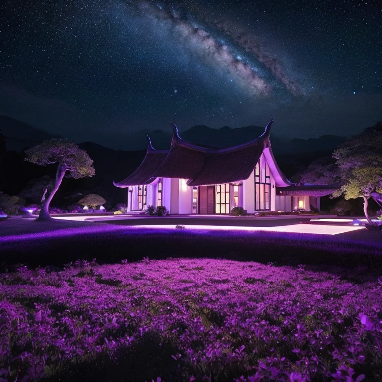 Floating in the dark space、A spaceship-shaped house with a thatched roof, a World Heritage Site。The whole image is purple、beneath3The number of asteroids is relatively small.、Shining like a dry landscape garden。