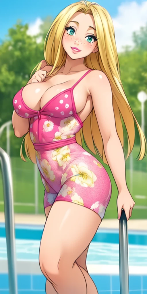 Beautiful round medium breasts, 1girl, ((Blonder hair, Beautiful straight hair, Hair parted on the right side)) ((Girl, cute girl face)) light azuis eyes, has an beautiful sensual body with freckles, with full breasts and thin waist, HIP HOP Beautiful and cute Floral print jumpsuit, short jumpsuit, fabric delicate, has a bold appearance. young, quality, realistic, best quality, cute expression, pink lipstick lips, Cute smile, Walking near the pool, in a pose