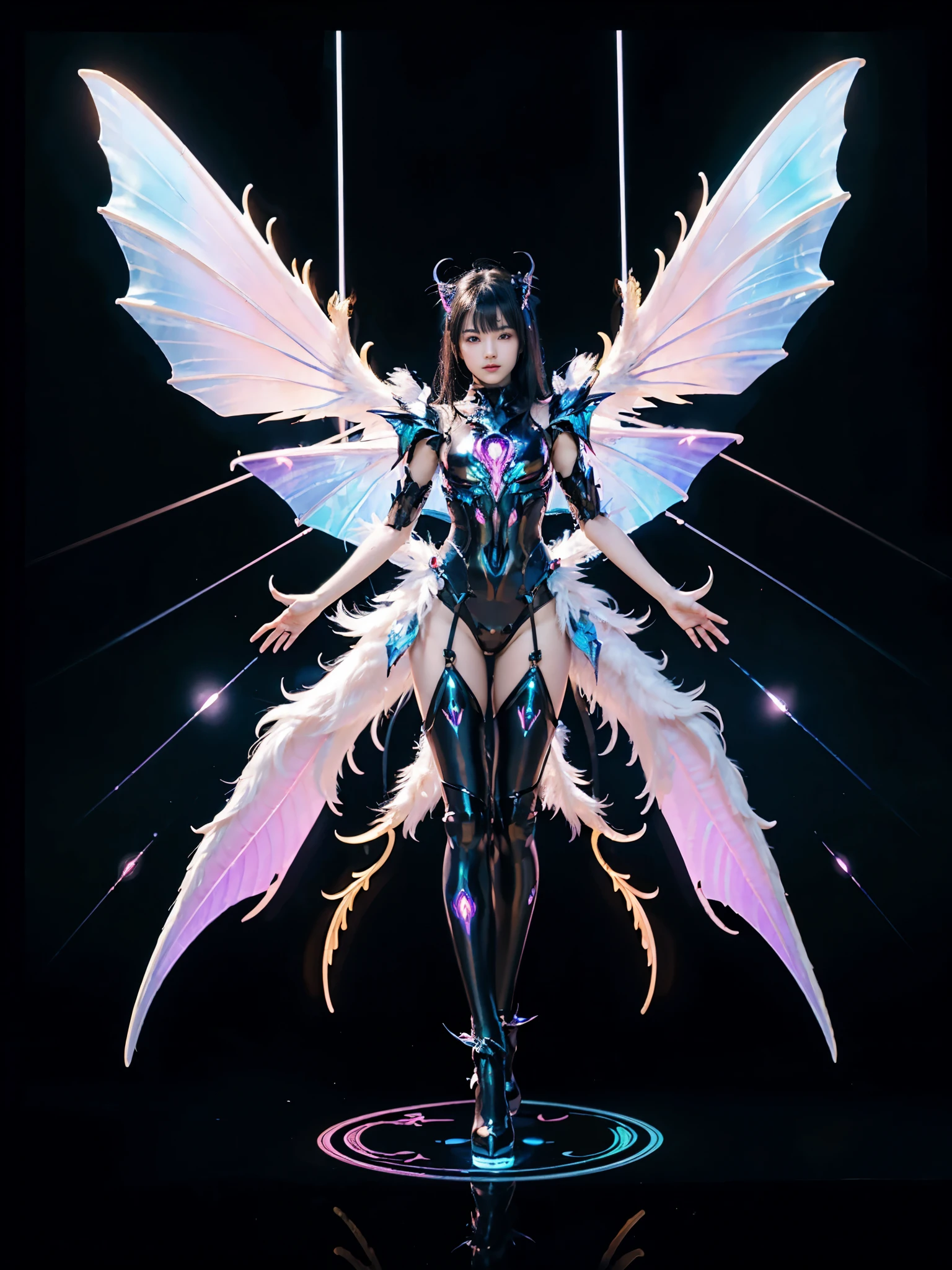 1girl, Armor, Wings, beautiful dragon, futuristic evolved Nekomata, (Neon glowing body), 2 tails, holographic, (The wings are symmetrically paired;1.5), Tricolor color body