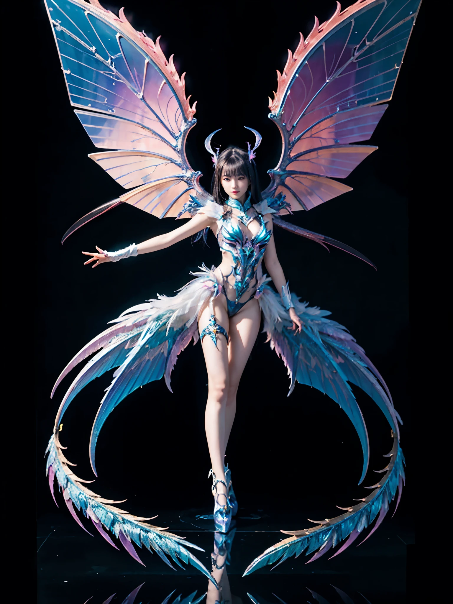 1girl, Armor, Wings, beautiful dragon, futuristic evolved Nekomata, (Neon glowing body), 2 tails, holographic, (The wings are symmetrically paired;1.5), Tricolor color body