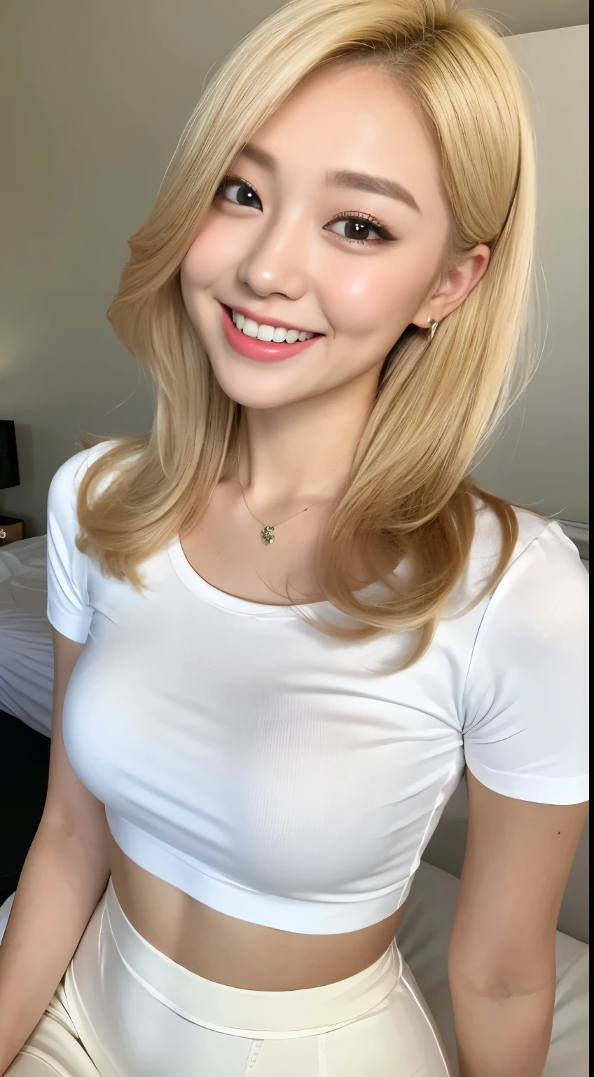 White tight shirt、White tight mini skirt、bed、smile、Short sleeve、high resolution、Korean idol face、double eyelid、White teeth、Medium Hair、Blonde
