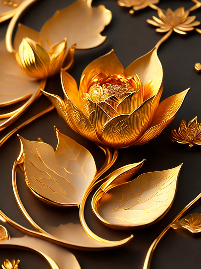 a lotus(close up)with lotus leaves(Mute Gold) Very thin, intricate and hollow carvings, precious and luxurious, bright and sparkling. Very thin, intricate and fine gold foil art carving handicrafts that will reflect bright and shining effects when illuminated by sunlight or lights.,Making the artwork even more eye-catching The exquisite hand carving and craftsmanship of the lotus with lotus leaves artwork add a unique value and visual effect to the digital illustration, Highly detailed vector art, Digital illustration style art master illustrator masterpiece high definition highly detailed digital art work
