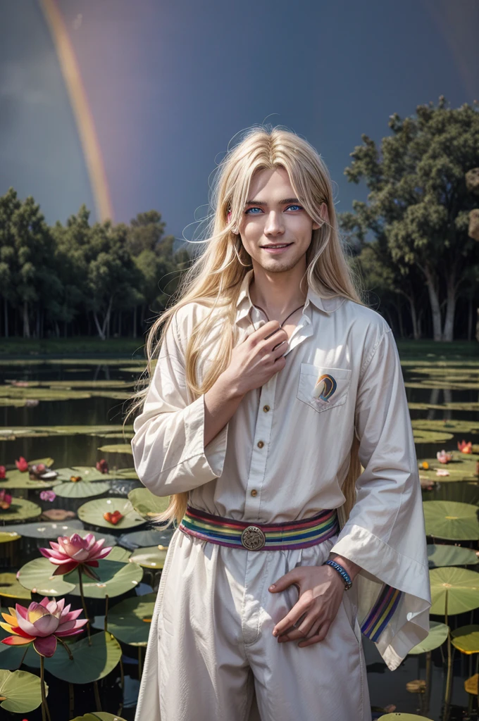 best quality,PIXIV, Douma, 0.8, (rainbow eyes::1.5), fire,1man standing in front of a lotus garden, long blond silver hair, smiling, cow-boy shot, sky red,lotus garden, 