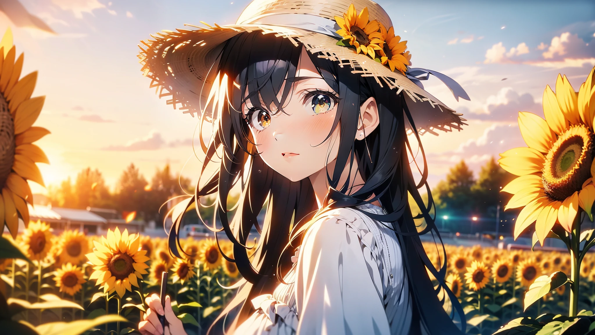 And 8K、Highest quality、masterpiece、Ultra-detailed、Ultra-high resolution、Anime Style、1 female、Midsummer、White Dress、Straw Fedora Hat、sunflower