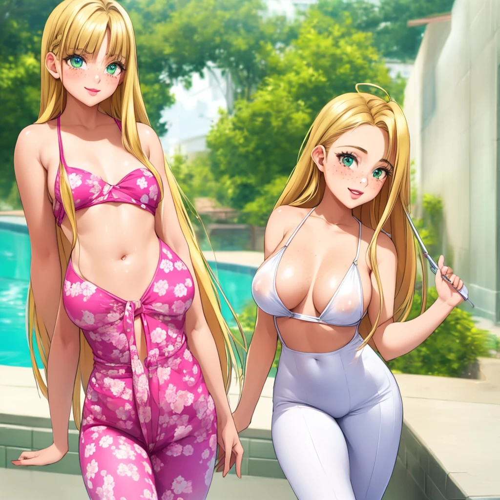 Beautiful round medium breasts, 1girl, ((Blonder hair, Beautiful straight hair, Hair parted on the right side)) ((Girl, cute girl face)) light azuis eyes, has an beautiful sensual body with freckles, with full breasts and thin waist, HIP HOP Beautiful and cute Floral print jumpsuit, short jumpsuit, fabric delicate, has a bold appearance. young, quality, realistic, best quality, cute expression, pink lipstick lips, Cute smile, Walking near the pool, in a pose