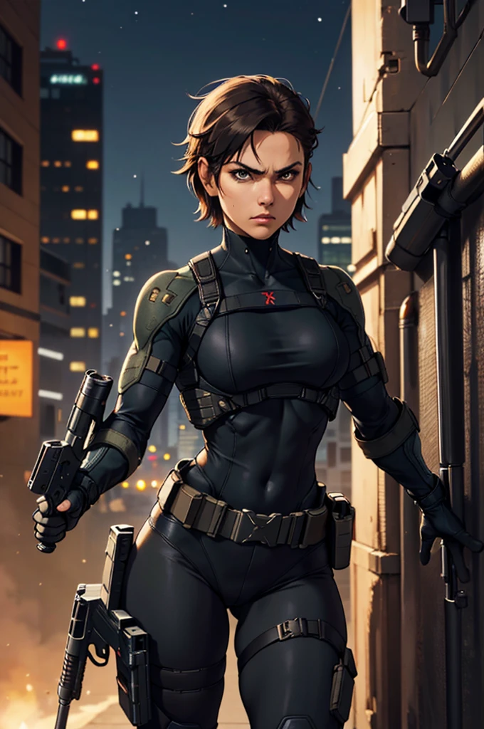 Metal Gear girl latina skin,  short  hair, with holster, black clothes, tactical holster, and holding a gunner, angry,aiming her gun, city, night, detailed background,