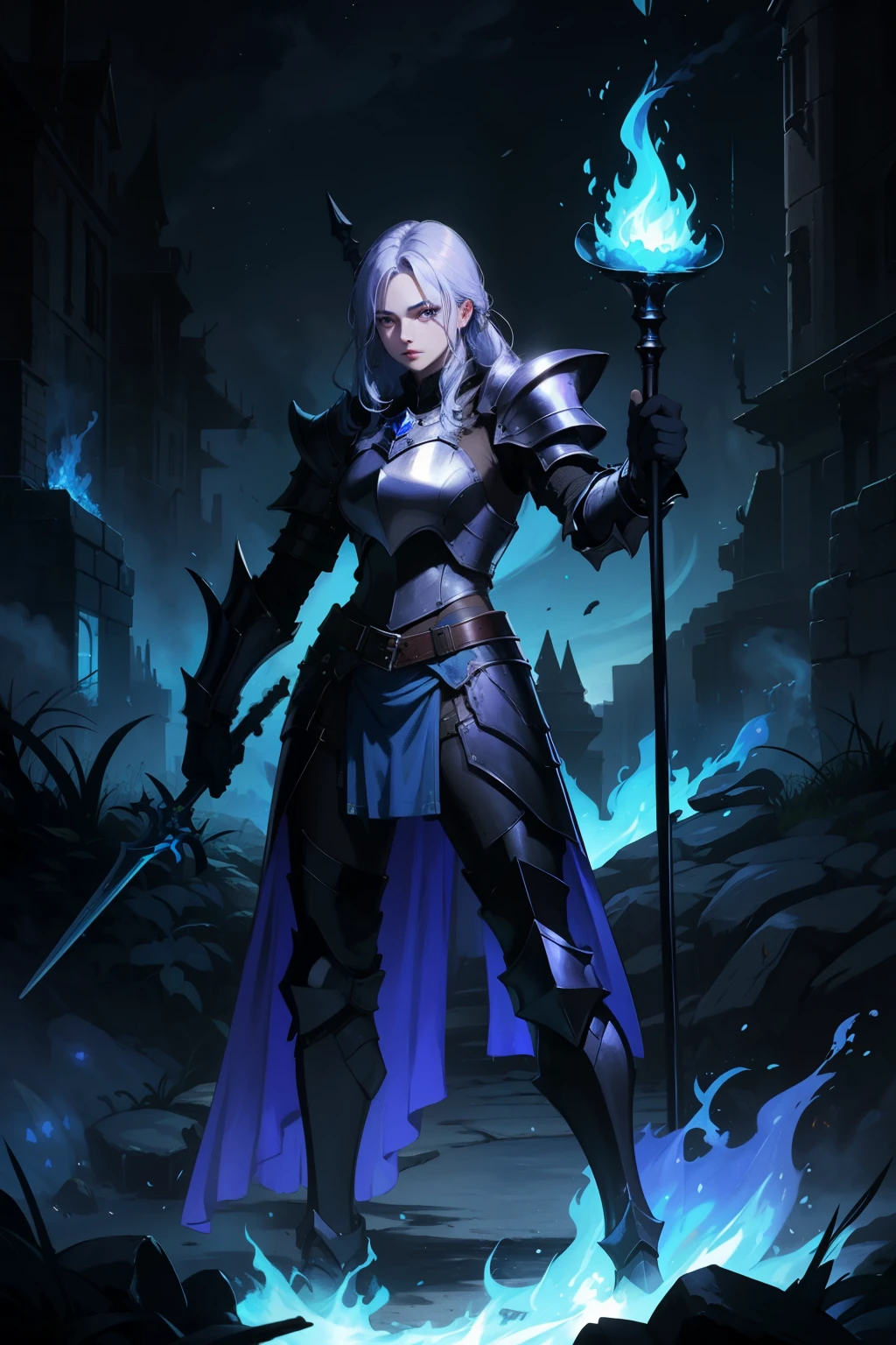 Enchanted Black Plate Armor, wrapped in blue and purple fire, with a halberd having a tea and a black glow coming out of the armor 
