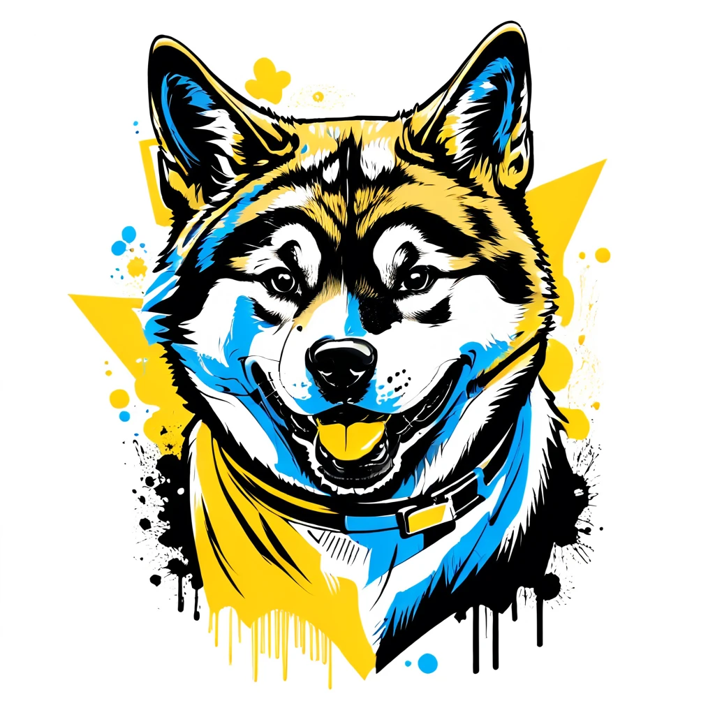 Tshirt_Design_Concept of a American Akita Dog, friendly smile, yellow theme, monochrome, beautiful illustrations on white background, no text, 