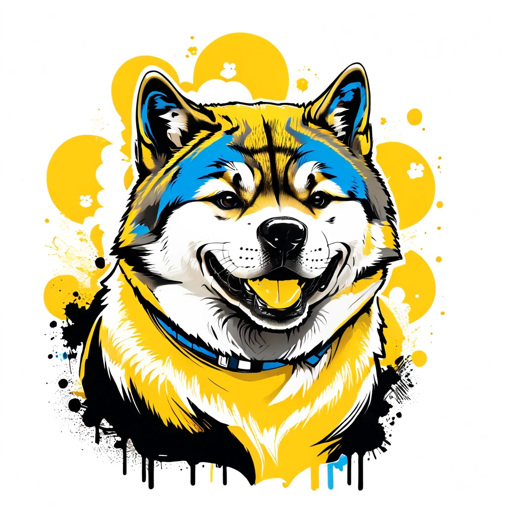 Tshirt_Design_Concept of a American Akita Dog, friendly smile, yellow theme, monochrome, beautiful illustrations on white background, no text, 