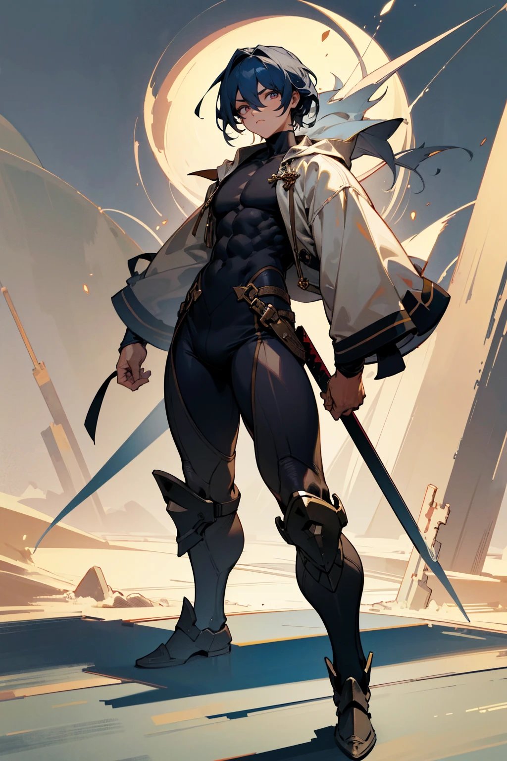 Masterpiece Quality, Perfect Generation, Sclera, Detailed Eyes, , Clothing, Calm Expression, , Sandy City Background, Full Body, facing viewer, Standing , , ,, , combat clothing, , random color hair, random style, Random Eyes, Muscular, , , male, , strong, confident, daggers,