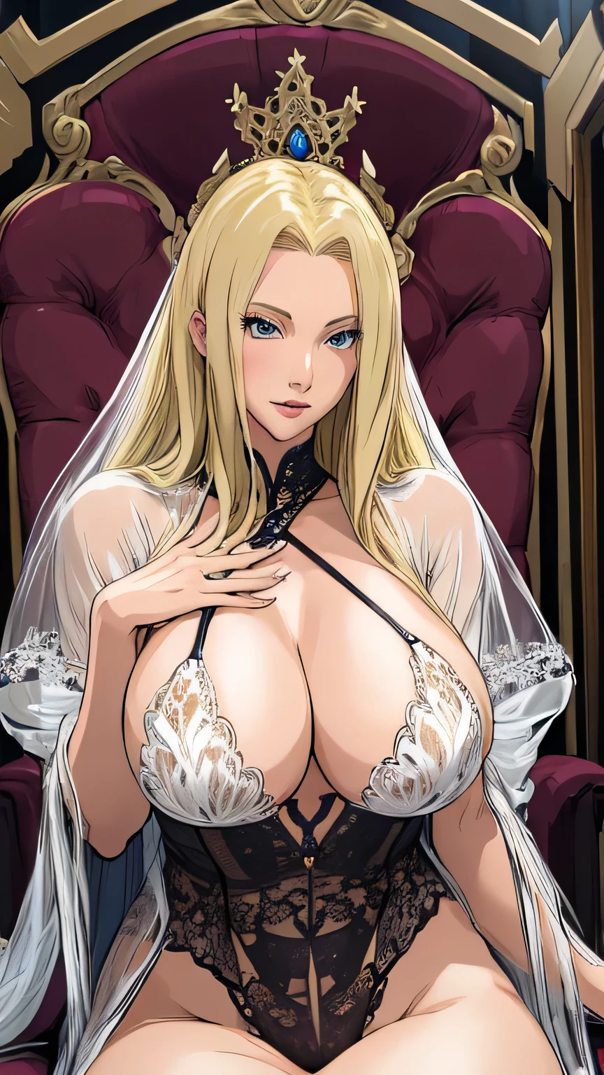 beautiful detailed girl, wearing sexy long sling bikini and long transparent coat, blonde hair, slender, Pose with hands together, Youthful expression, large breast, massive cleavage exposed, huge buttock, sitting on the throne arrogantly