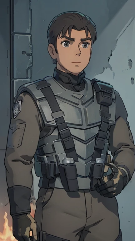 (Teens:1boy: clark,starship troopers armor), (extremely detailed CG unit 8k wallpaper),(master part), (best quality), (ultra detali), (best illustration),(melhor ombre), cowboy shot, (Sharp eyeliner, ombre, detailed eyes:1), war Torn indoors background, ,break , (StudioGhibliStyleHMC), upper body, very short hair, grey hair,gloves, armor, shoulder patch, bulletproof vest, military,helmet,wearing a helmet with chinstrap