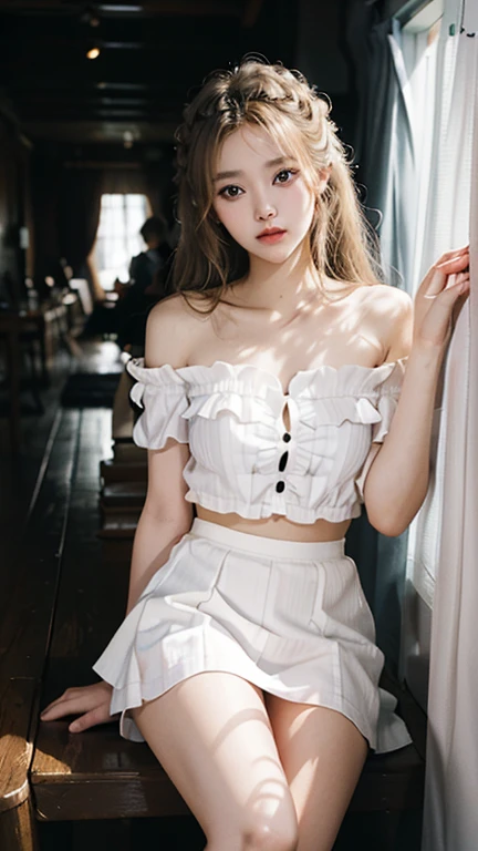 ((Shot in the knee)), Shot from random angles, 22 year old Asian model, Slim, Thin waist, curls, White floral skirt, High waist, Off-shoulder, Warm lamps, Warm colors 纤细双腿, Cross your legs, In the hallway, leaning against the railing, Warm lamps, Warm colors, Dynamic poses, Posing elegantly, Blonde Hair, Striped hair, Hair accessories, Heart-shaped pupil, cosmetic, A faint smile, Shy, Licking lips, , Social realism, Chiaroscuro, Motion Blur, Relief, Sony FE GM, Ultra HD, masterpiece, Textured Skin, Super Detail, best quality