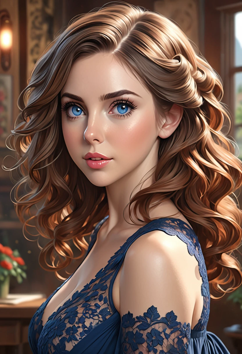 Beautiful boho women stunning merge of Alison Brie. Paige Renee Spiranac, Scarlett Johanson. with Navy-blue-dress. blue lace. copper colored hair that is coarse, wiry, and tightly curled. It often has a rough texture, feels stiff to the touch, and may be prone to frizz and tangling. The curls can be densely packed. The Official Art – An Award-Winning Digital Masterpiece In 4K Ultra HD, Extreme Detail And Intricate Realism. This Concept Art Brought To Life By The Hands Of Artists Like Wlop & Artgerm In A Stunning 2D Vector Illustration. large, perky, full, well shaped spherical breasts. Background is a panoramic vista.