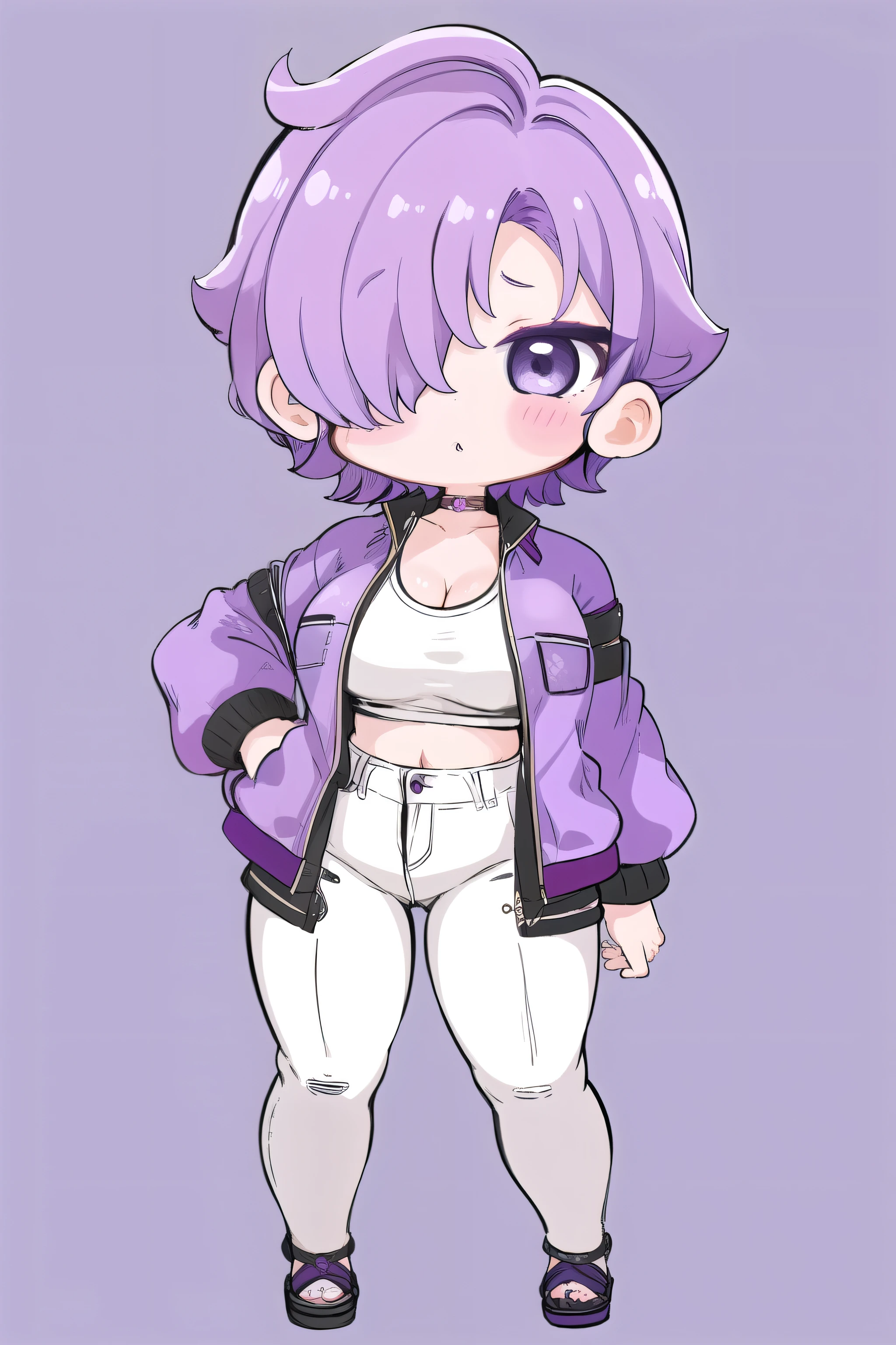 blush stickers, (chibi:1.4), simple background, full body, standing, chibi, simple background, masterpiece:1.2, 1women, (38yers old), (best quality), (real picture, intricate details, depth of field), highly-detailed, attractive waist, high resolution, (illustration:0.8), perfect lighting, extremely detailed CG, tall lady, susprised posture, tight pants, (thick_thighs:1.5), cleavage, (purple hair), (hair over one eye:1.5), lipstick, anime blushing, (blushing:1.5), (short hair:1.5), (Short purple hair:1.5), (mature female:1.5) (mature face), (Standing), standing, character sheet, model sheet, tank_top, denim shorts