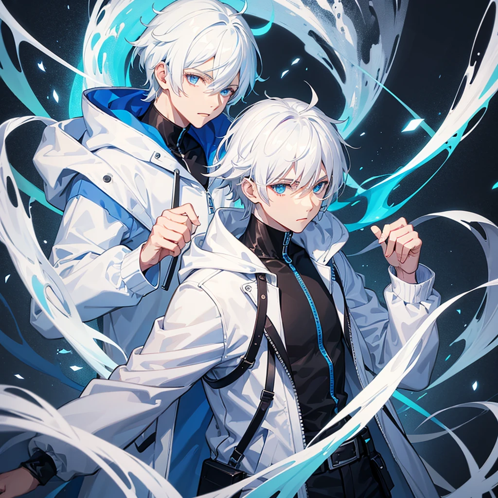 male character with white hair blue eyes wearing white hoodie with blue and black shirt