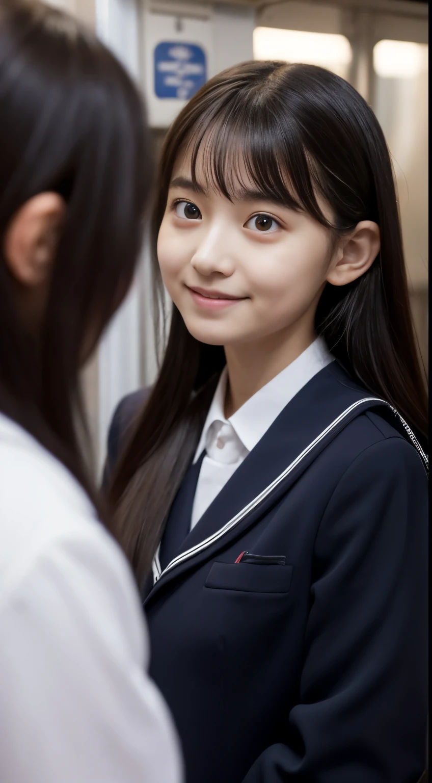 Cute 12 year old girl in uniform for elementary school graduation ceremony,Japanese,Highly detailed eyes and face, Sharp pupils,A narrow, dark, unlit gap in a crowded train、A man in his 40s hugs a girl from behind、In ultra-high resolution,Cute Smile, Cinema Lighting,Quiet atmosphere、Beautiful details,Highly detailed eyes and face、Ultra-wide angle shooting、A girl with an expressionless and confused face、A man in his 40s forcefully hugs a girl from behind。Full-body display