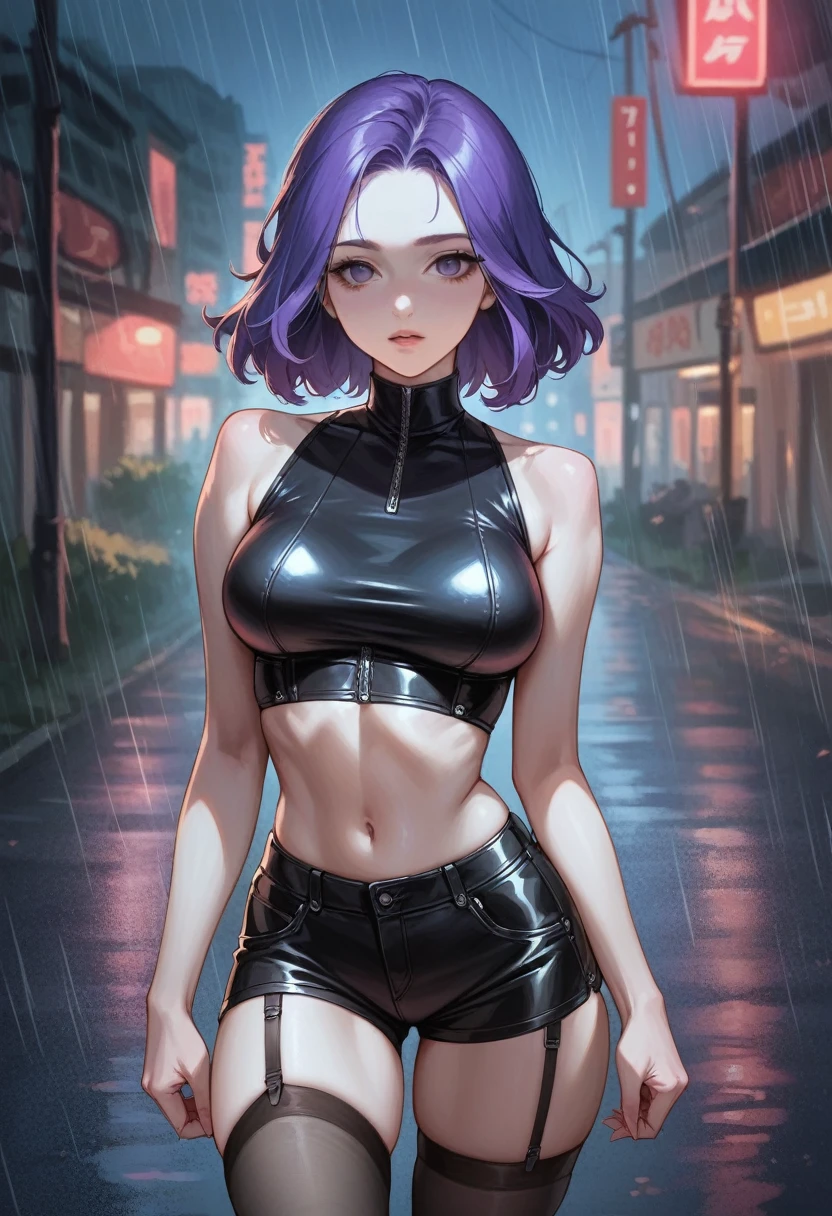 Masterpiece, realistic art,slender toned build, pale skin, striking purple hair,Deep eyes, beautiful face, wears a tight, black leather outfit with numerous straps and buckles ,cropped top that exposes her midriff , pair of short shorts with garter belts attaching to thigh-high stockings,rainy street, asphalt, white back light, night 