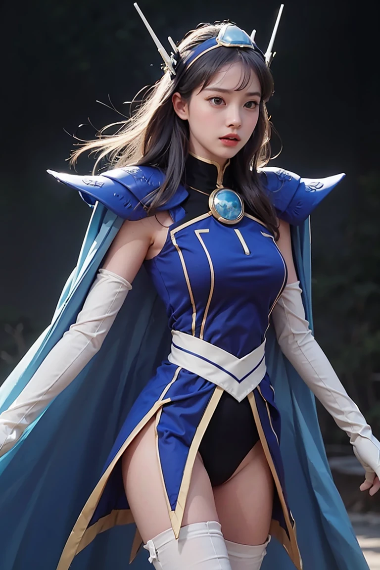 fantasy,1girl Long Qi Hai hairdressing with headdress, Blue armor, shoulder armor, blue cape, elbow gloves, tights, white thigh-high socks,Camel toe,masterpiece,Noise Reduction,Perfect anatomical structure,high resolution, Extremely detailed,Game CG,Hook of Holland ,Beautiful and delicate eyes,visual art,Five fingers, Perfect hands, Perfect lighting,