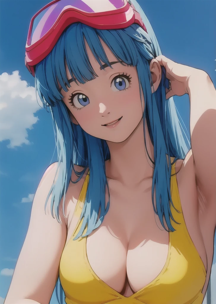 masterpiece, best quality, highest quality, photorealistic, perfect anatomy, perfect face, perfect eyes,
marondballz, blue hair, 1girl, solo, breasts, sky, cloud, cleavage, blue sky, blue eyes, medium breasts, (nude:1.3), day,  smile, goggles, yellow swimsuit,  upper body, long hair, goggles on head, eyewear on head, bangs, outdoors, sexy pose