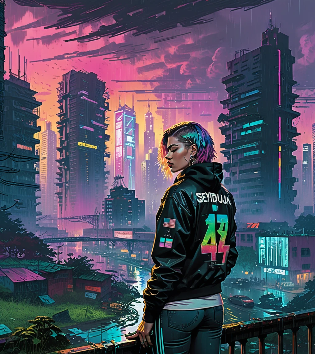 (Lea Seydoux,a girl with a beautiful face), nighttime, cyberpunk city, dark, raining, neon lights, ((Wearing a blazer over a hoodie)), blazer, hoodie,(cyberpunk 2077 cityscape), (cinematic photo, professional photo,SZ_4poXL enviroment), cyberpunk 2077, cyberpunk, synthwave, 1980s, futurism, brutalism, neuromancer, cinematic photo, detailed hair, fashion mullet, rainbow colored hair,art by Jakub Rozalski, 1920+ Poland,Radial balance, Sunrise, Water, Ellipse, ultra detailed, intricate,