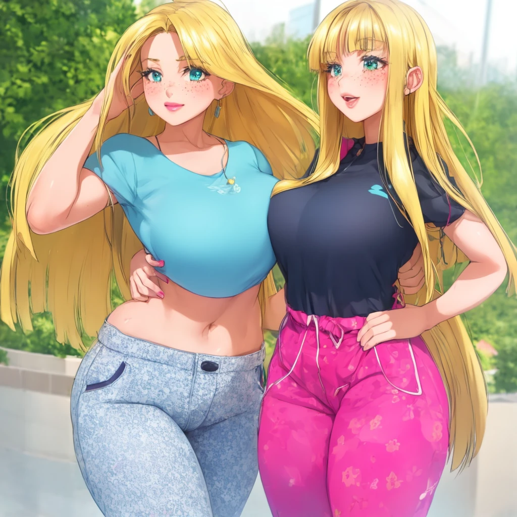 Beautiful round medium breasts, 1girl, ((Blonder hair, Beautiful straight hair, Hair parted on the right side)) ((Girl, cute girl face)) light azuis eyes, has an beautiful sensual body with freckles, with full breasts and thin waist, HIP HOP Beautiful and cute Floral print jumpsuit, short jumpsuit, fabric delicate, has a bold appearance. young, quality, realistic, best quality, cute expression, pink lipstick lips, Cute smile, Walking near the pool, in a pose