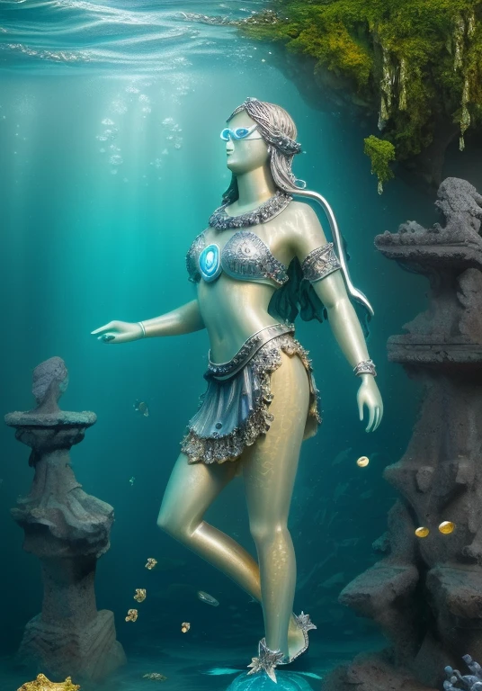 (Numerous award-winning masterpieces, With incredible details, textures and maximum detail), (God who rules the underwater world.: 1.6), (Forgotten Ancient Water Spirit: 1.6), (standing full body image:1.8), (Puntil superior del cuerpo hacia arriba:0.3), (Best quality real texture skin.), (hyper realist:1.4), (realist:1.3), (Puntil superior del cuerpo hacia arriba:0.3), (Many treasures of gold and silver are sunken around: 1.8), (((in water))), (Dark underwater background: 1.6), (Bright water background during the day: 1.6), (finely detailed true circle Symmetrical eyes), (beautiful and delicately drawn face), ((Medieval world)), (Full body display: 1.7), (light eyes shining brightly in the eyes), (He has a mischievous smile on his face.), (jewelry, gold and silver scattered everywhere.: 1.8), (Stone statues covered in moss: 1.8), (sunken temples, sunken ancient cities, sunken cathedrals, ruins of an ancient sunken castle), (Throne next to a strong emission magic circle.: 1.3), (Brilliant majestic water and light.:1.2), (Eyes that glow blue in the dark.:1.5), (Pair of ice blue eyes with strong blue light emitting from within.:1.5), (bioluminiscencia:1.5), (full body view:1.7), (underwater treasure: 1.8), (Swirling water current and tidal current in the background), (dramatic light), (A majestic view), (His face is gentle and beautiful.), Crystal earrings on ears., (dramatic photo:1.4), (dramatic pose), (Golden hair), (silver hair), (Brown hair), (full body view:1.7), ((look up)), ((looking down)), (Around her neck is a simple necklace of exquisite workmanship..), (Bioluminescence with a brilliant glow.:1.3), (Use flashy Hydro magic:1.2), (beautiful fish in the surroundings), (full body view:1.7), epic realist, despondent, until, (Greg Rutkowski:0.8), (teal and orange:0.4), (until station:1.5),