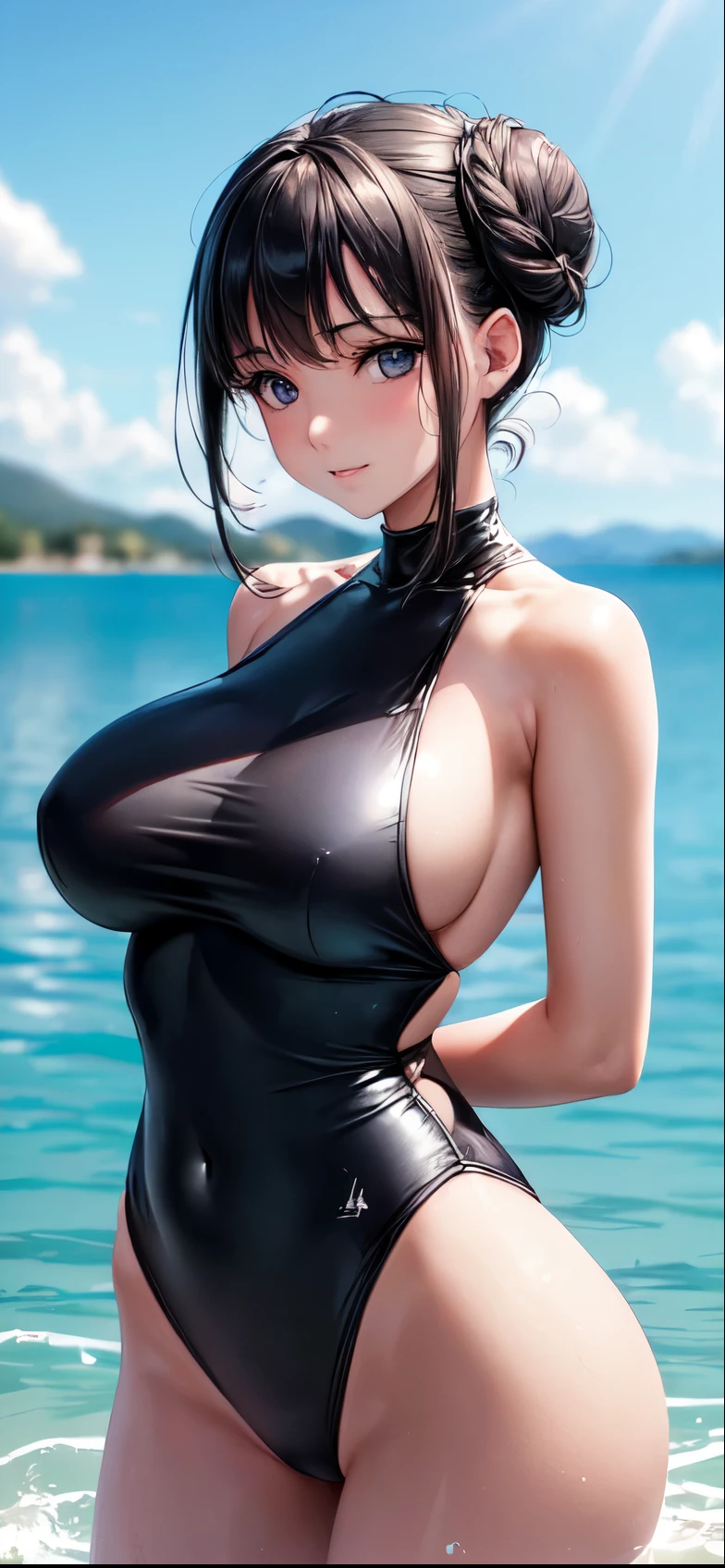 (((4K,masterpiece,best quality,ultra detailed,high resolution))),(daytime,clear weather,front light),((solo)),looking viewer,(beautiful girl),(age),(black hair,bun),(beautiful detailed face,beautiful detailed eyes),(finely detailed skin,fair skin),slender,light smile,shy,(one-piece competition swimsuits),(on the besutiful lake,beautiful sky),(arms behind back),(cowboy shot,dynsmic angle),huge breast,splash of water,(side boob,sagging breasts),