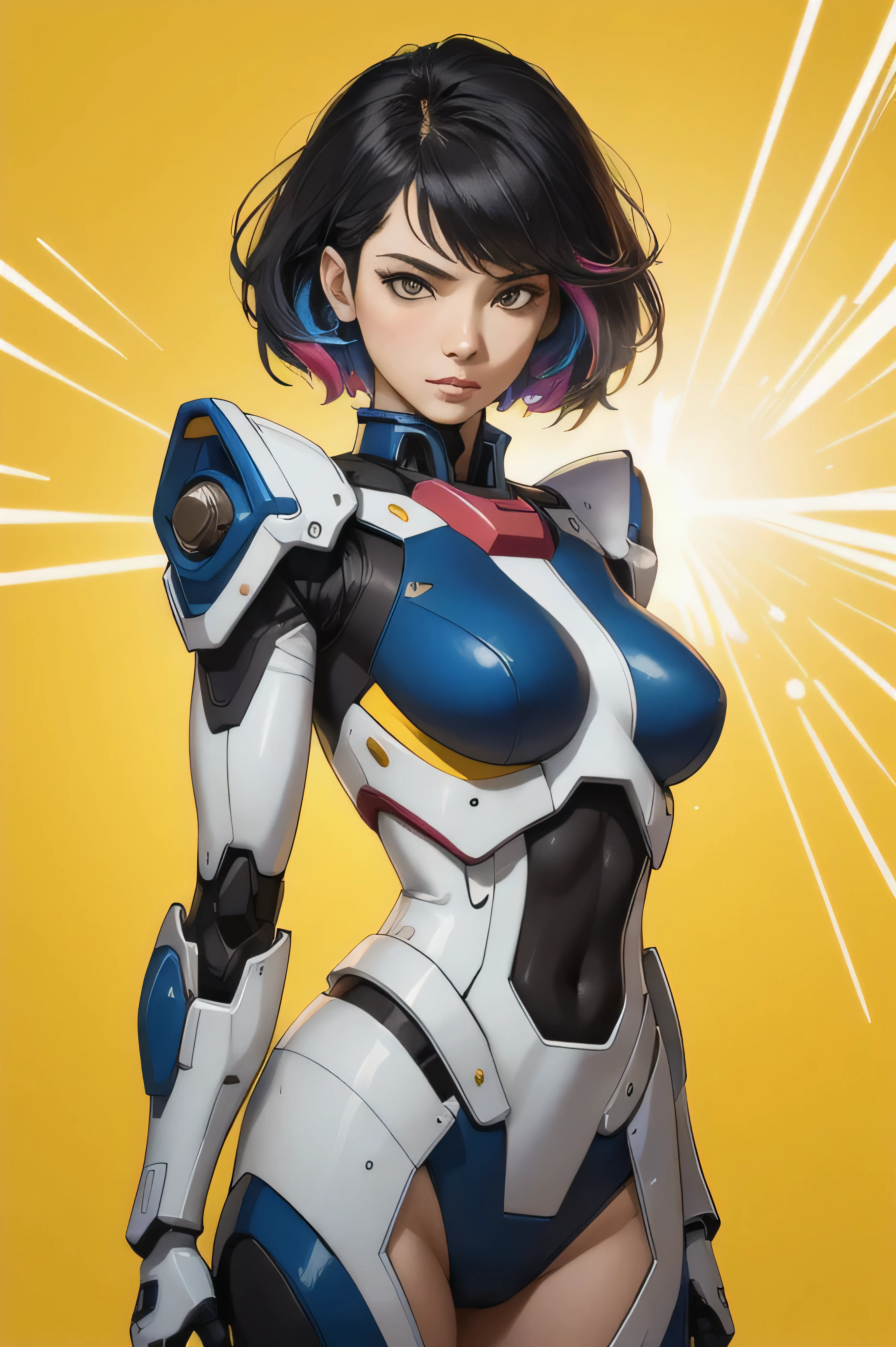 Posing in front of a colorful and dynamic background. Realistic, 8k, masterpiece, RAW Photos, Highest quality, Realistic, Highly detailed CG Unity 8k wallpaper, Written boundary depth, Cinematic Light, Lens flare, Ray Tracing, Perfect lighting,short hair, (Delicate skin), (Delicate face), (Pop Background :1.1), Person standing and watching、Comical movement,Gundam,Mecha,(Yellow background),Modern Style,artistic,mobile composition,Unique Pattern,Bold Texture,colorful,Imaginative,Whimsical,Vibrant,like々Shii,Playful,Vibrant,creative,Expressive,stylish,tendency、