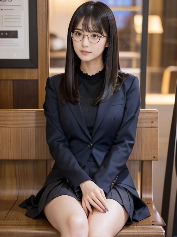 ((whole body:1.4, Highest quality)), (Realistic photos:1.4), ((1 girl)), Shiny black hair, bangs, (Straight hair :1.5), , Soft Light, Japanese,alone, (26 years old:1.4), Famous Japanese actresses, ((Round face:1.4)), Beautiful detailed girl, Highly detailed eyes and face, Beautiful and sophisticated nose, Beautiful and beautiful eyes, (dark blue skirt suit), Cinema Lighting, Perfect Anatomy, (Fat:0.8), length, Thin legs, Was nervous, ,  Cool look, Wear glasses, topless, Nipples are visible、in a coffee shop、Spreading your legs