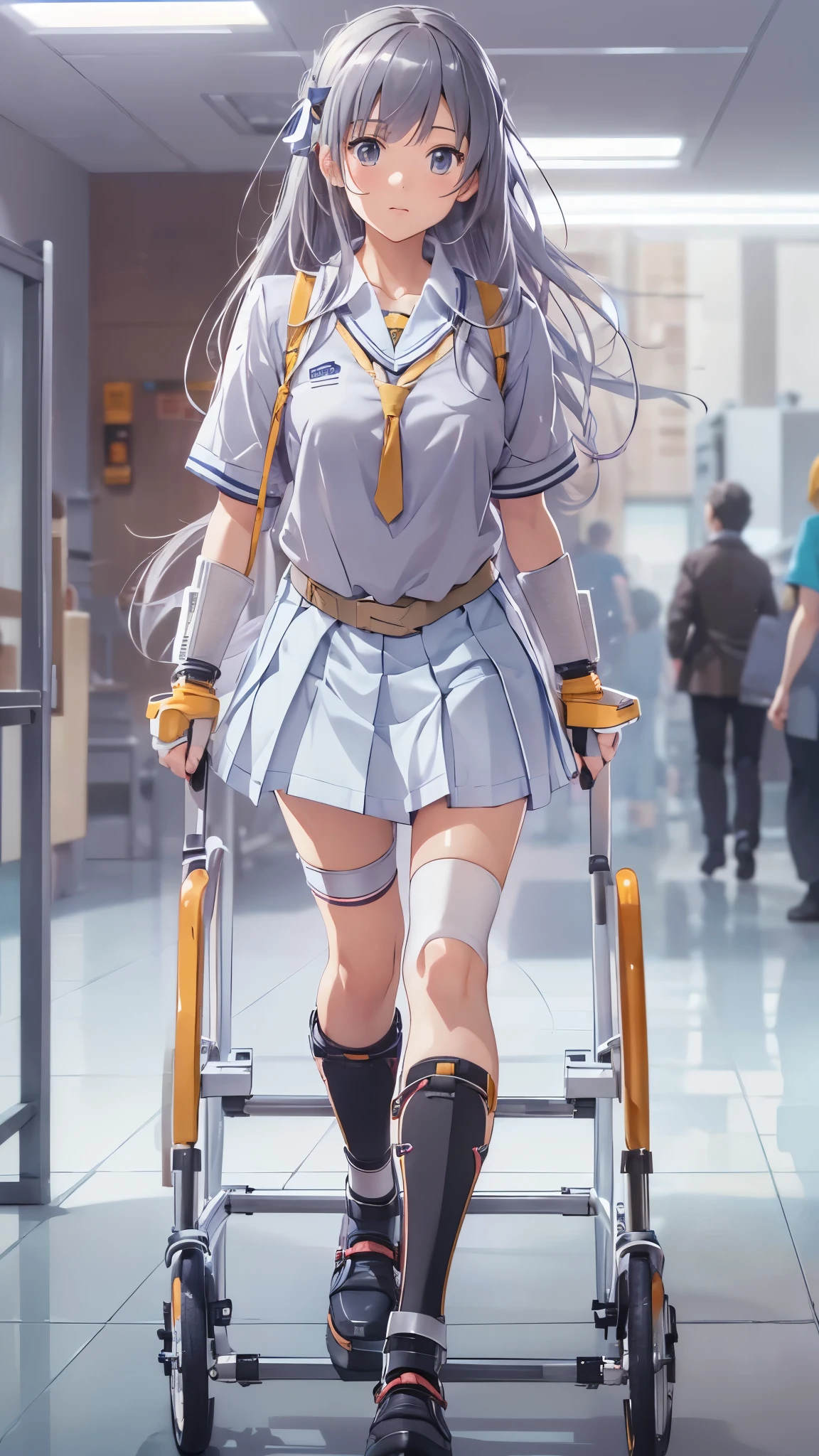 (Highest quality,4K,8k,High resolution,Tabletop:1.2), Very detailed, (Realistic,photoRealistic,photo-Realistic:1.37),(whole body),((In the hospital)),Sickly beautiful girl, sad,I was surprised,((Gray hair color)),((Long Hair)),((She is in a wheelchair)),((She is pushing a wheelchair)),((She has difficulty walking)),((She is a wheelchair user)),((Hair above the eyes)),((school uniform,Jumper skirt,ribbon,blouse)),((Wear black open-finger gloves)),((Leg Brace)),((Casts on her legs)),((Knee pads)),((Leg braces)),Espadrilles,Beautiful and detailed, Beautiful lip detail, Very detailed目と顔, Long eyelashes, Realistic anime 3D style, Smooth anime CG art, Digital rendering by Makoto Shinkai, Moe anime art style, photoRealistic rendering of an anime girl, Shinkai Makoto style, Cute anime girl visuals, Realistic young anime girl, Girl Fanart, Works by anime artists'Studio.