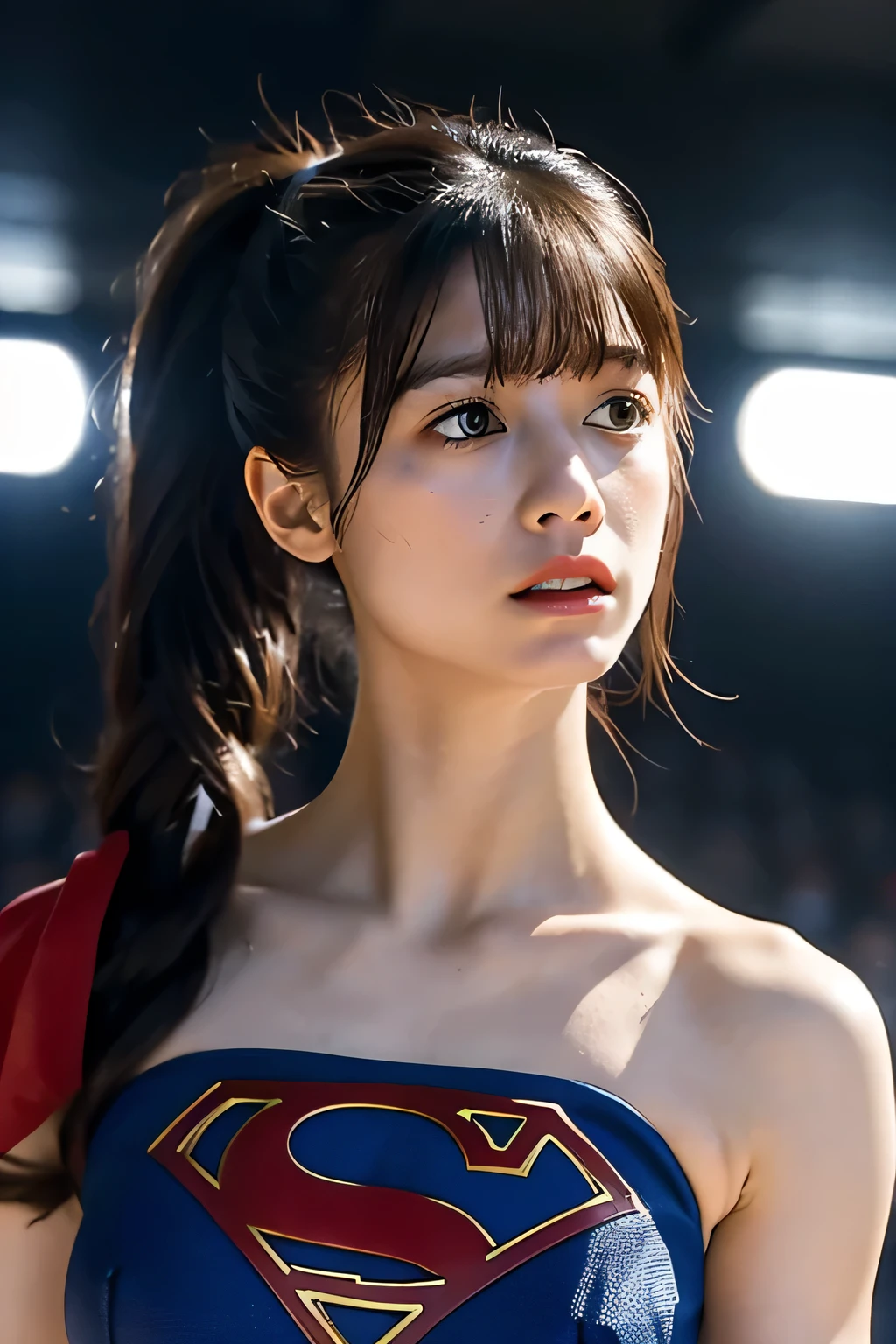 Supergirl, 29 years old、Height: 152cm, in the wrestling arena, midday, hair tied, Supergirl Afraid, Supergirl was sweating wet, Wearing a tank top Supergirl costume, Hair bangs, Supergirl's costume is torn, face Supergirl is injured, supergirl defeated, Frightened expression, Look up, Sweating profusely, wet sweat, Supergirl screamed in fear, Supergirl was in pain holding her cheek, Supergirl was shocked, Supergirl gaped in fear
