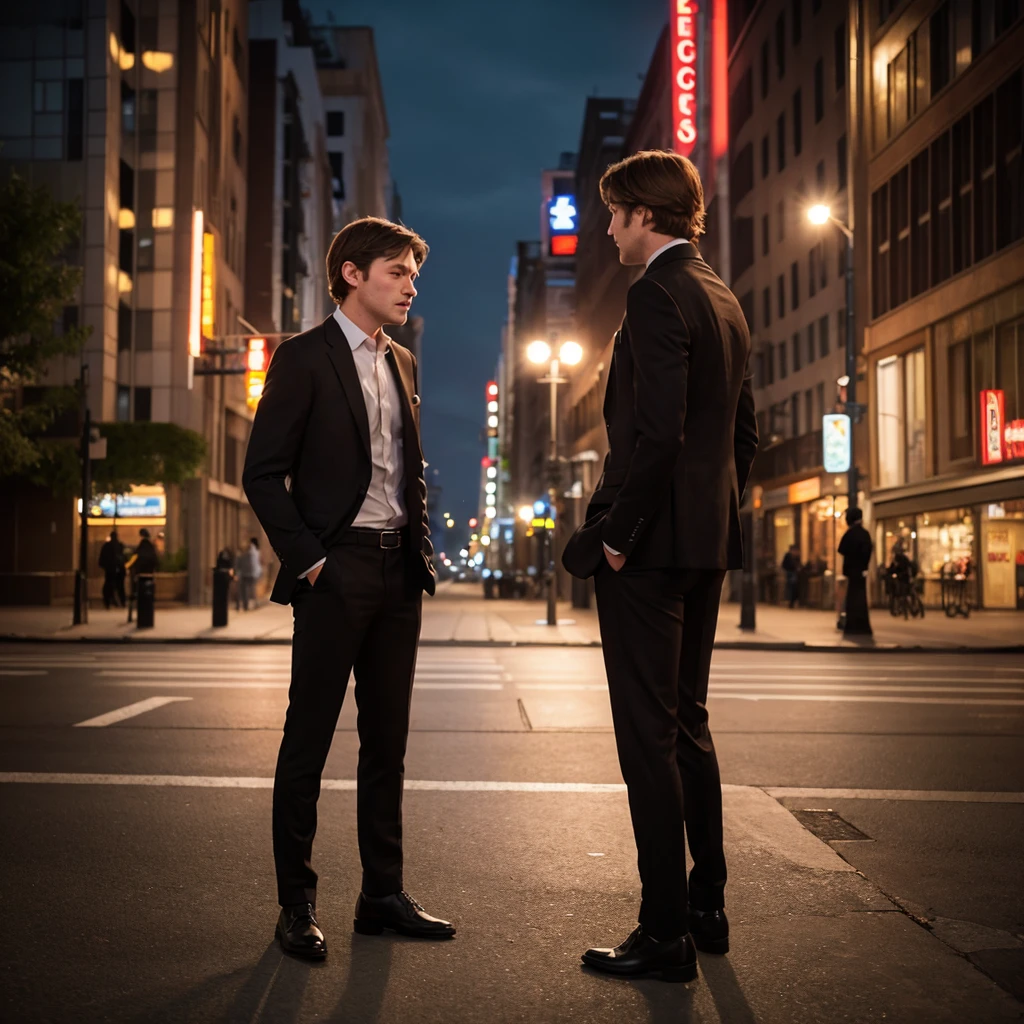 solo, High resolution, Back view, Pixar, Brown Hair, Black suit, I have my hands in my pockets, night, Sitting in the city